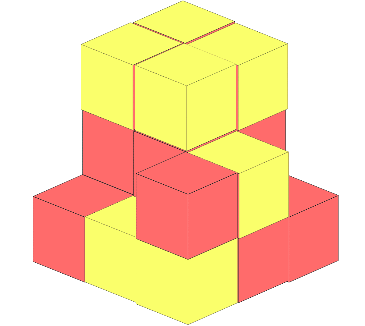 3つの面に色が塗られた立方体は8個