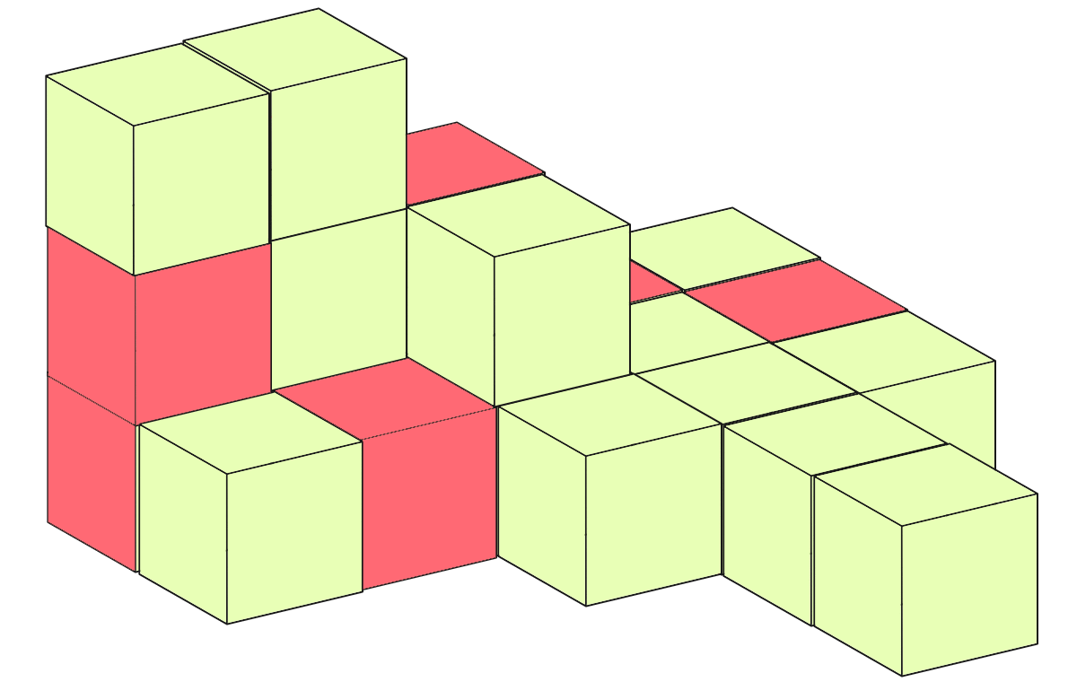 3つの面に色が塗られた立方体は6個