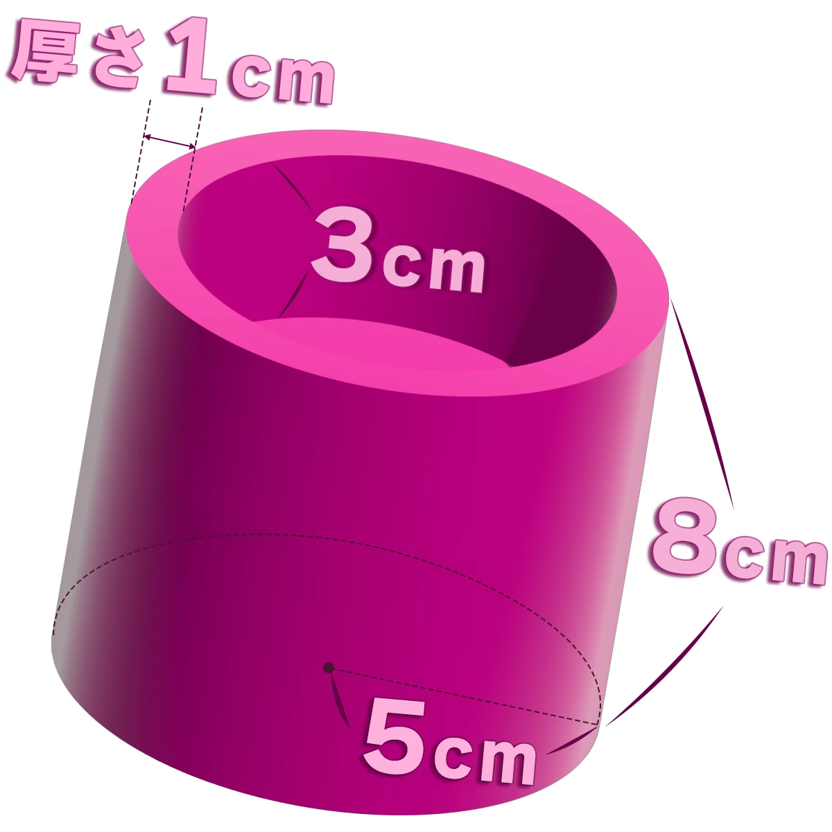 半径5cm、高さ8cmの円柱から、半径4cm、高さ3cmの円柱をくり抜いた立体
