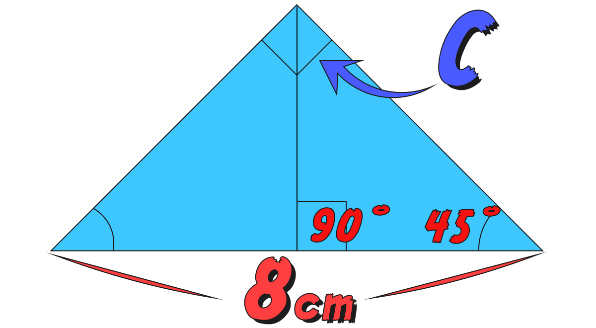 直角二等辺三角形の90度の頂点から斜辺と垂直になるように線を引いた図