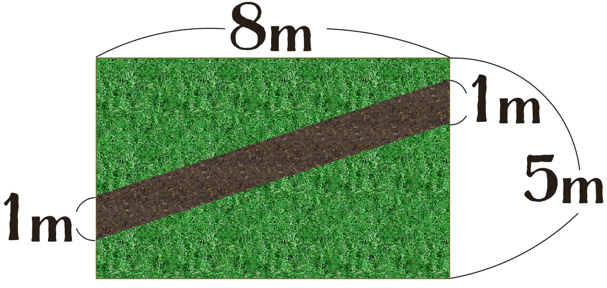 面積の問題 ｜ 1m幅の道がある縦5m、横8mの長方形の芝生