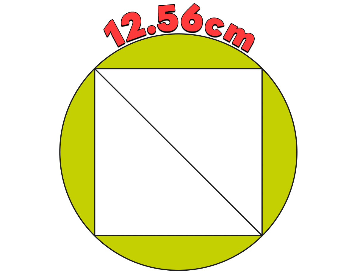面積の解説図 ｜ 円周12.56cmの円の中に正方形がある